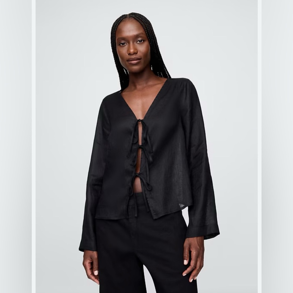 Gap Petite Black 100 Linen Tie Front Blouse Long Sleeve V Neck NWT Coastal